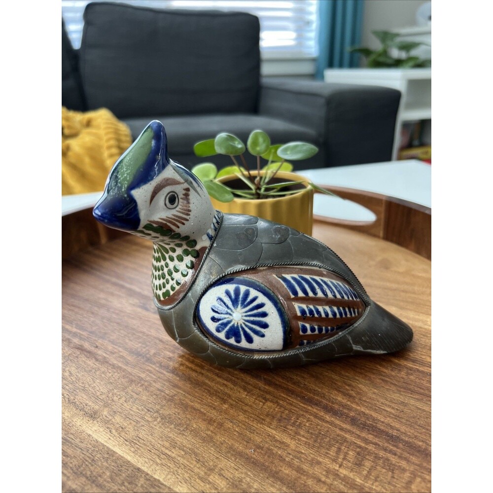 Mexican Folk Art Bird Figurine Armored Brass & Ceramic 6" Hand Painted Vtg. - Picture 2 of 7